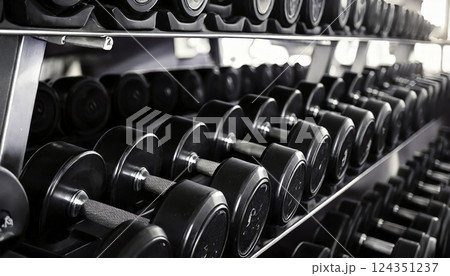 Gym Fitness Equipment Rows of Black Dumbbells on Rack 124351237