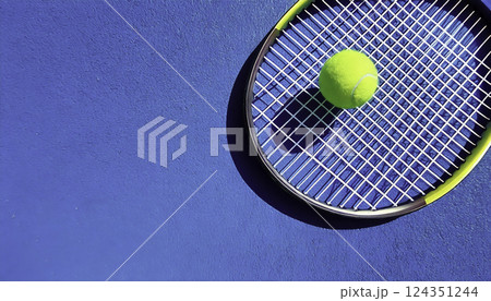 A vibrant yellow tennis ball rests on a darkframed racket 124351244