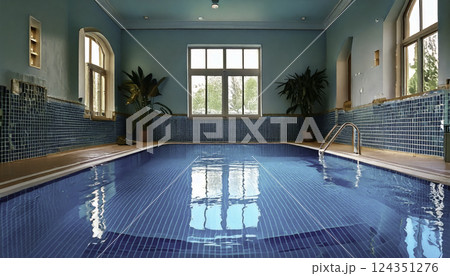 A pristine indoor pool gleams under sunlight streaming through windows A pristine indoor pool gleams under sunlight streaming through windows 124351276