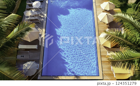 Overhead view of a pristine rectangular pool 124351279