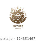Vector logo of nature - trees, sun, river. Linear icon of landscape. Business emblem, badge for a travel, farming and ecology, health and yoga 124351467