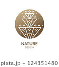Abstract plant logo. Round emblem flower a circle in linear style. Vector pattern badge for design of natural product 124351480