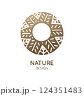 Vector logo of nature - sun, trees. Linear icon of forest landscape. Business emblem, badge for a travel, farming and ecology concept, health and yoga 124351483
