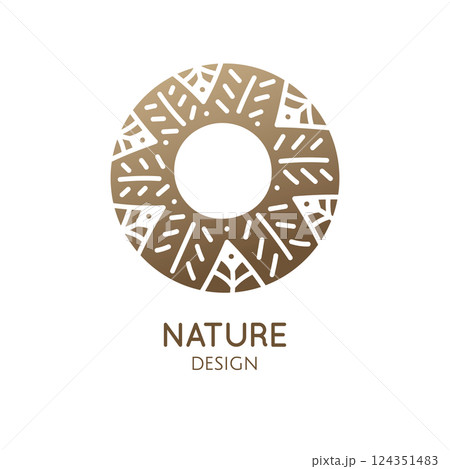 Vector logo of nature - sun, trees. Linear icon of forest landscape. Business emblem, badge for a travel, farming and ecology concept, health and yoga Vector logo of nature - sun, trees. Linear icon of forest landscape. Business emblem, badge for a travel, farming and ecology concept, health and yoga 124351483