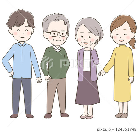 老夫婦を支える若夫婦　全身 124351749