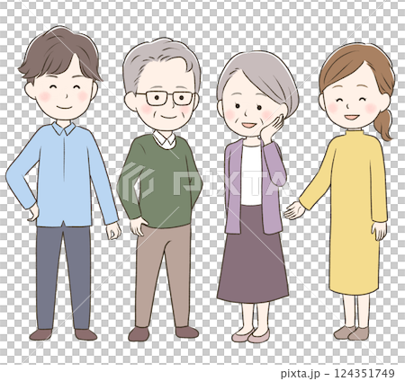 老夫婦を支える若夫婦　全身 124351749