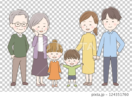 A cute, full-body three-generation family with big smiles on their faces A cute, full-body three-generation family with big smiles on their faces 124351760