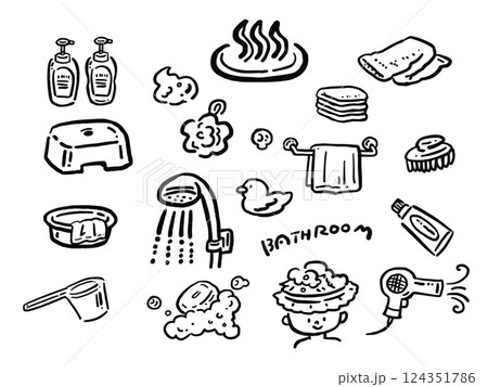 お風呂用品の手描き風イラスト　線画セット 124351786