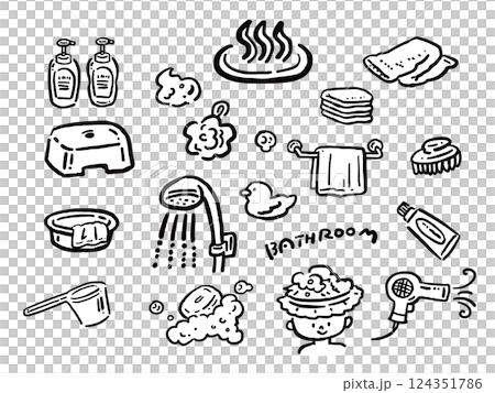お風呂用品の手描き風イラスト　線画セット 124351786
