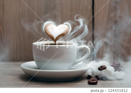 ハートのラテアートと湯気の立つコーヒー / Coffee with Heart Latte Art ハートのラテアートと湯気の立つコーヒー / Coffee with Heart Latte Art 124351812