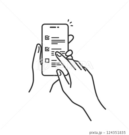 手に持ったスマホでチェックリストをタップするベクターアイコン (線画・白黒) 124351835