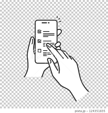 手に持ったスマホでチェックリストをタップするベクターアイコン (線画・白黒) 124351835