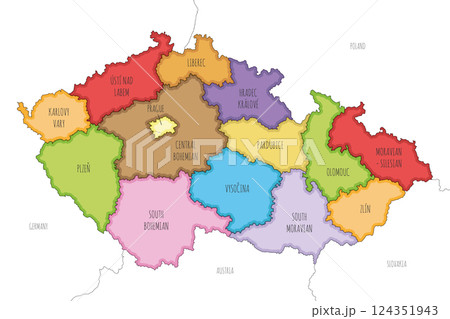Vector illustrated map of Czechia or Czech Republic with regions and administrative divisions, and neighbouring countries and territories. Editable and clearly labeled layers. 124351943