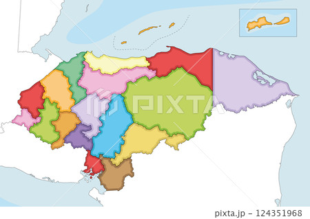 Vector illustrated regional blank map of Honduras with departments and administrative divisions, and neighbouring countries and territories. Editable and clearly labeled layers. 124351968