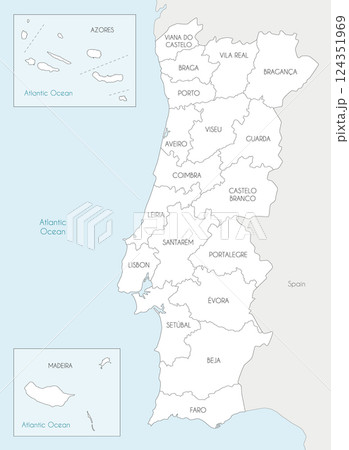 Vector regional map of Portugal with districts, autonomous regions and administrative divisions, and neighbouring countries and territories. Editable and clearly labeled layers. 124351969