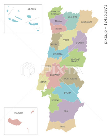 Vector regional map of Portugal with districts, autonomous regions or territories and administrative divisions. Editable and clearly labeled layers. Vector regional map of Portugal with districts, autonomous regions or territories and administrative divisions. Editable and clearly labeled layers. 124351971