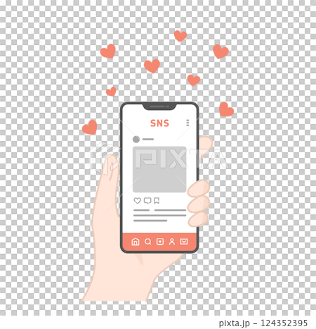 智慧型手機的向量圖標，在 SNS 帖子上不斷獲得點讚（Buzz） 124352395