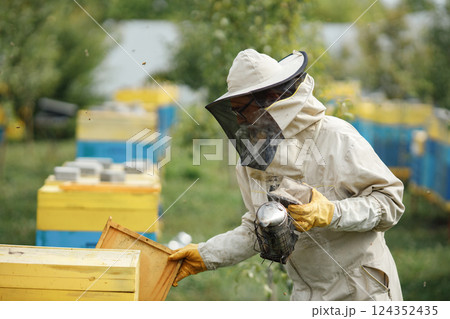 Experienced senior apiarist in his apiary setting a fire in a bee smoker. Beekeeper harvesting honey. Bee smoker is used to calm bees before frame removal. Experienced senior apiarist in his apiary setting a fire in a bee smoker. Beekeeper harvesting honey. Bee smoker is used to calm bees before frame removal. 124352435