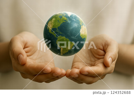 Hands holding floating Earth, symbol of care and environmental responsibility. AI generated 124352688