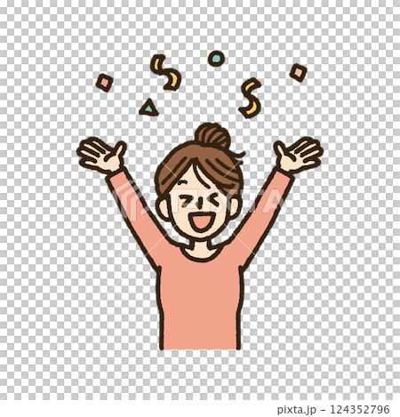 一位女士高興地舉起雙手的插圖，上身，手寫，五彩紙屑 124352796