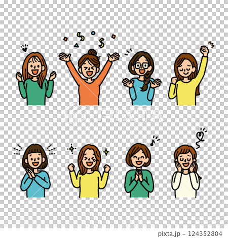 一組手繪插圖，描繪了女性表達各種喜悅的情緒 124352804