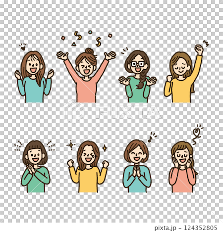喜ぶ　女性　複数　イラスト　上半身　セット　バリエーション　手書き 124352805