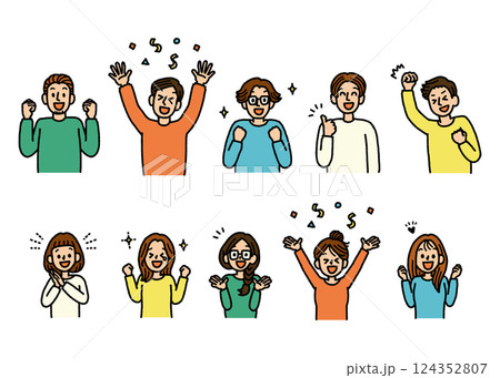 様々な喜びの表現をする男女のイラストセット　人物　手書き 124352807