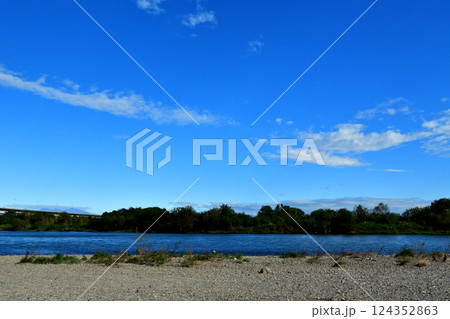 新上武大橋下流の利根川と広大な河川敷と青空 124352863