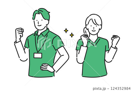 イラスト素材【介護イメージ】：生き生きとした表情でやる気のある若い男女の介護職員 124352984