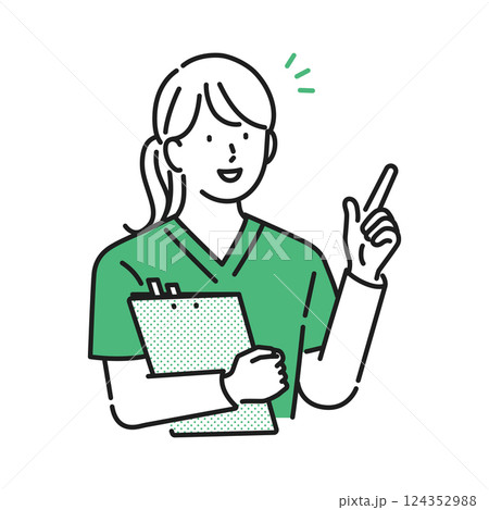 イラスト素材【介護イメージ】:指差しする若い女性介護職員 イラスト素材【介護イメージ】:指差しする若い女性介護職員 124352988