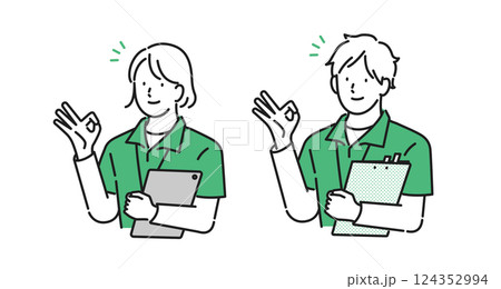 イラスト素材【介護イメージ】：患者や家族に説明をする若い男女の介護職員 124352994