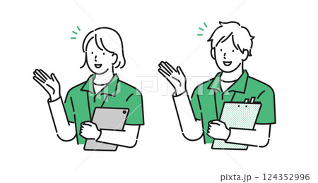 イラスト素材【介護イメージ】:患者や家族に説明をする若い男女の介護職員 イラスト素材【介護イメージ】:患者や家族に説明をする若い男女の介護職員 124352996