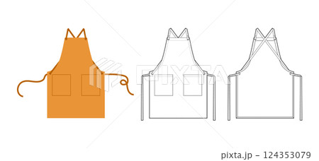 Set of Aprons Cross-Back straps technical fashion illustration. Chef uniform for cooking ochre cartoon and Flat sketch Set of Aprons Cross-Back straps technical fashion illustration. Chef uniform for cooking ochre cartoon and Flat sketch 124353079