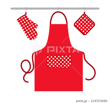Oven Gloves mitt, apron and potholder hanging on rack kitchen red cartoon flat accessory clothing technical illustration Oven Gloves mitt, apron and potholder hanging on rack kitchen red cartoon flat accessory clothing technical illustration 124353080
