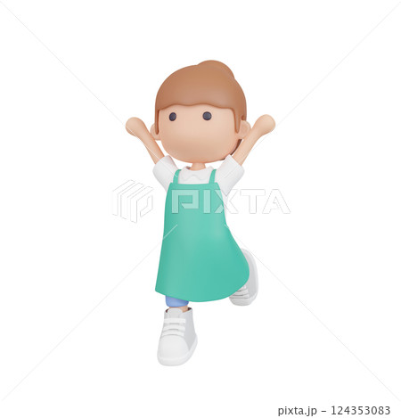 3DCG|バンザイをするエプロン姿の若い日本人女性 3DCG|バンザイをするエプロン姿の若い日本人女性 124353083