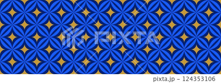 Seamless geometric pattern. Navy and gold abstract background for design textile, fabric swatch, scarf cloth, print template. Blue color masculine repeating wallpaper. Vector backdrop motif 124353106