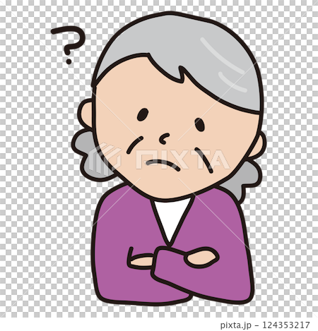 An old woman with her arms folded and tilting her head An old woman with her arms folded and tilting her head 124353217