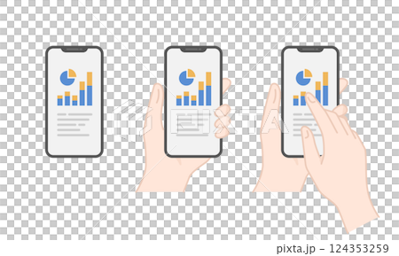 智慧型手機上顯示的圖表和分析資料的向量圖示集（線圖、平面） 124353259