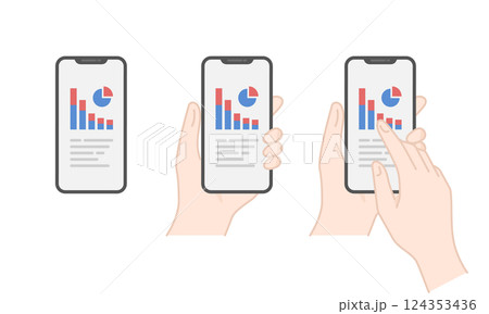 スマホに表示された下降グラフ・分析データのベクターアイコンセット (線画・フラット) 124353436