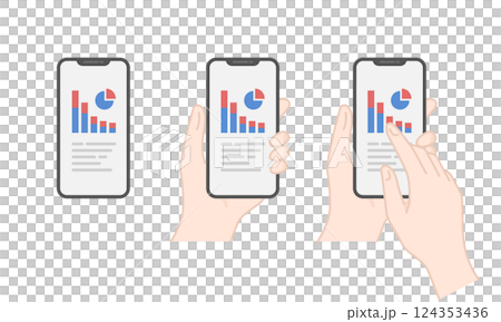 Vector icon set of downward graph and analysis data displayed on a smartphone (line drawing, flat) 124353436