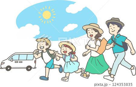 ドライブで夏のお出かけ／旅行をする家族のイラスト 124353835