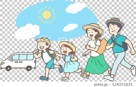 ドライブで夏のお出かけ／旅行をする家族のイラスト 124353835