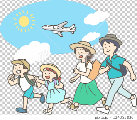夏の空と飛行機と家族のイラスト 夏の空と飛行機と家族のイラスト 124353836