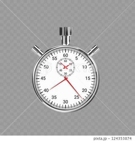 Realistic Silver Stopwatch with Red Hands and Time Indicators. Vector 124353874