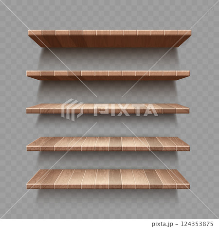 Wooden Wall Shelves with Shadow on Transparent Background. Vector 124353875