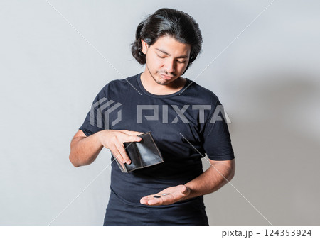 Unhappy man with financial crisis isolated. Person with financial crisis holding wallet. Sad man holding an empty wallet isolated Unhappy man with financial crisis isolated. Person with financial crisis holding wallet. Sad man holding an empty wallet isolated 124353924
