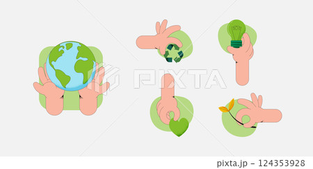Set of Hand Holding green earth. Eco friendly icons. Sustainability, ecology and environment Development concept. Vector Illustration. Set of Hand Holding green earth. Eco friendly icons. Sustainability, ecology and environment Development concept. Vector Illustration. 124353928