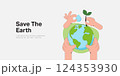 Human hands holding Earth globe, Plant and water drop. Earth Day, World Environment and Save the Earth concept. Sustainable ecology and environment conservation concept design. Vector illustration. 124353930