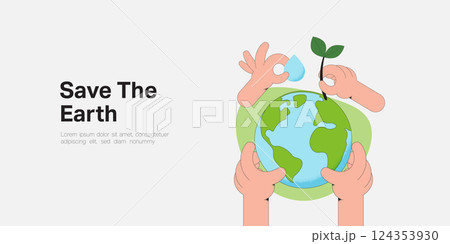 Human hands holding Earth globe, Plant and water drop. Earth Day, World Environment and Save the Earth concept. Sustainable ecology and environment conservation concept design. Vector illustration. 124353930