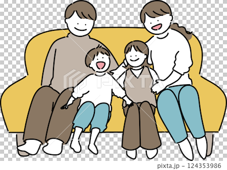 Family of four sitting on sofa 124353986